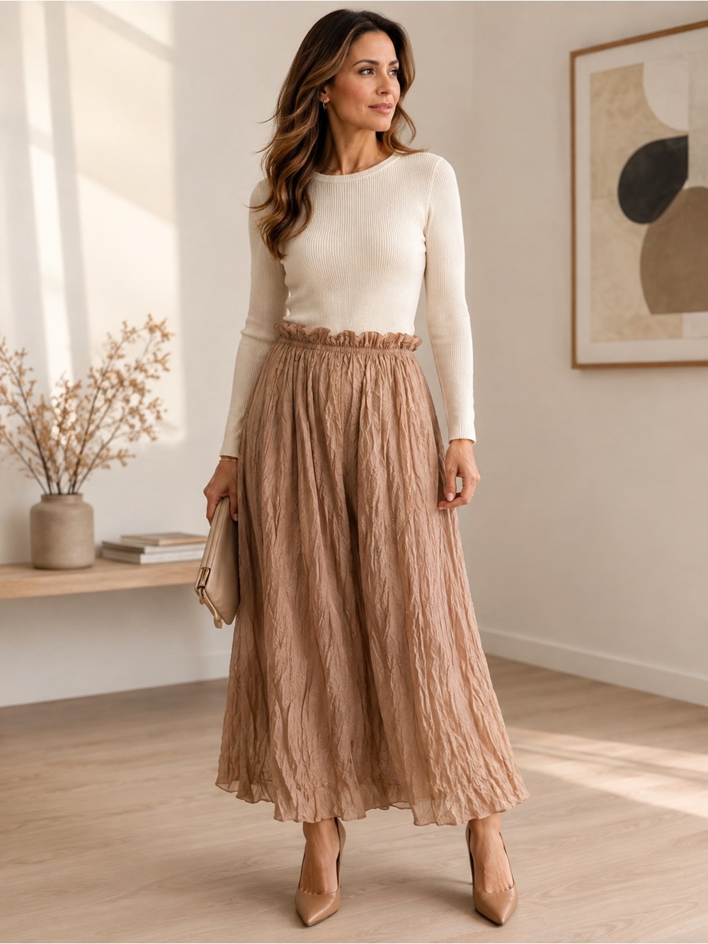 J.Crew XS Tan Crinkle Maxi Skirt Elastic Ruffle Waist NWT